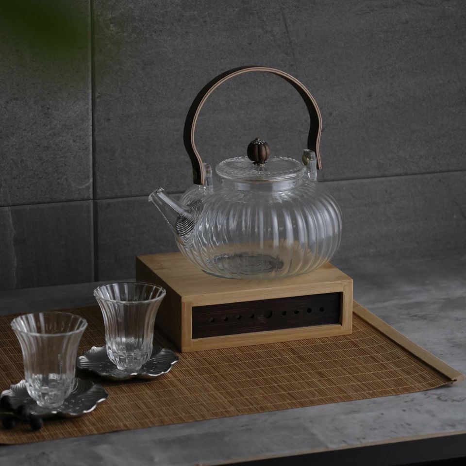 ガラス製　木製ハンドルマムティーポット