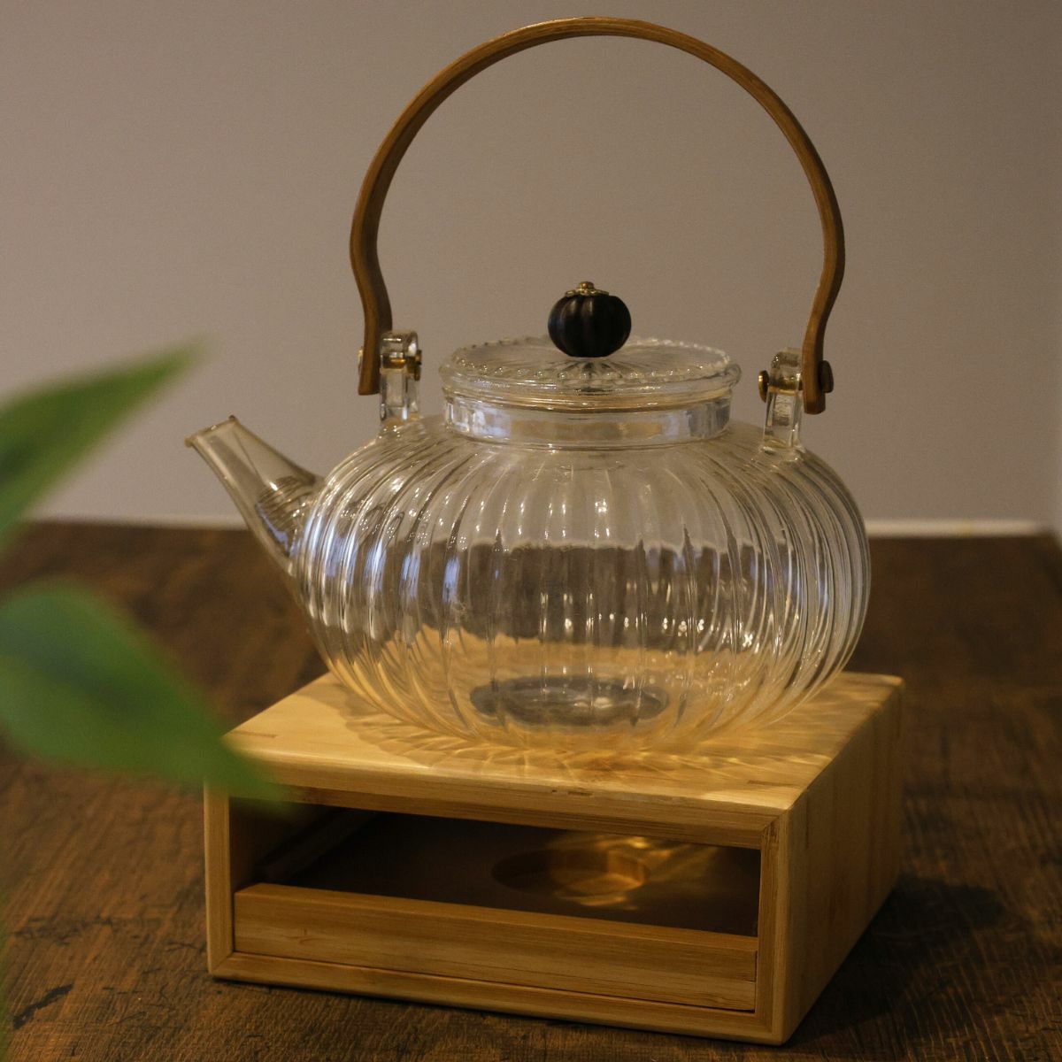 ガラス製　木製ハンドルマムティーポット