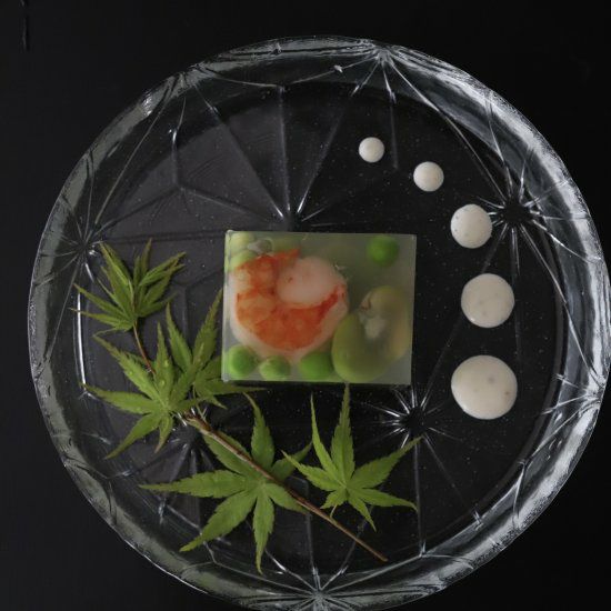 ガラス製　麻の葉柄スタンドリムプレート皿