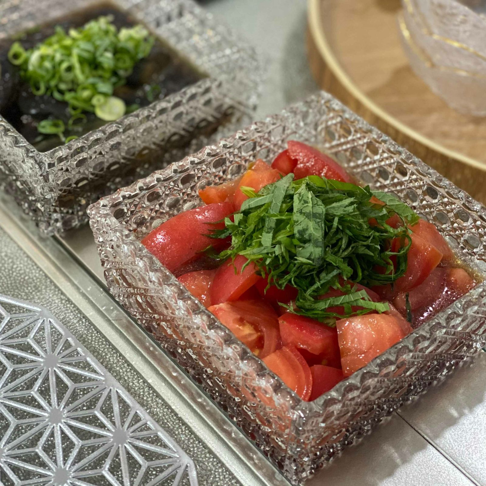 ガラス製　カット硝子　籠目向付お重箱