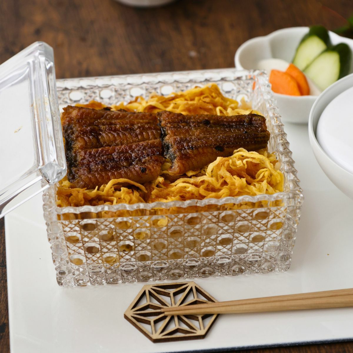 ガラス製　カット硝子　籠目向付お重箱