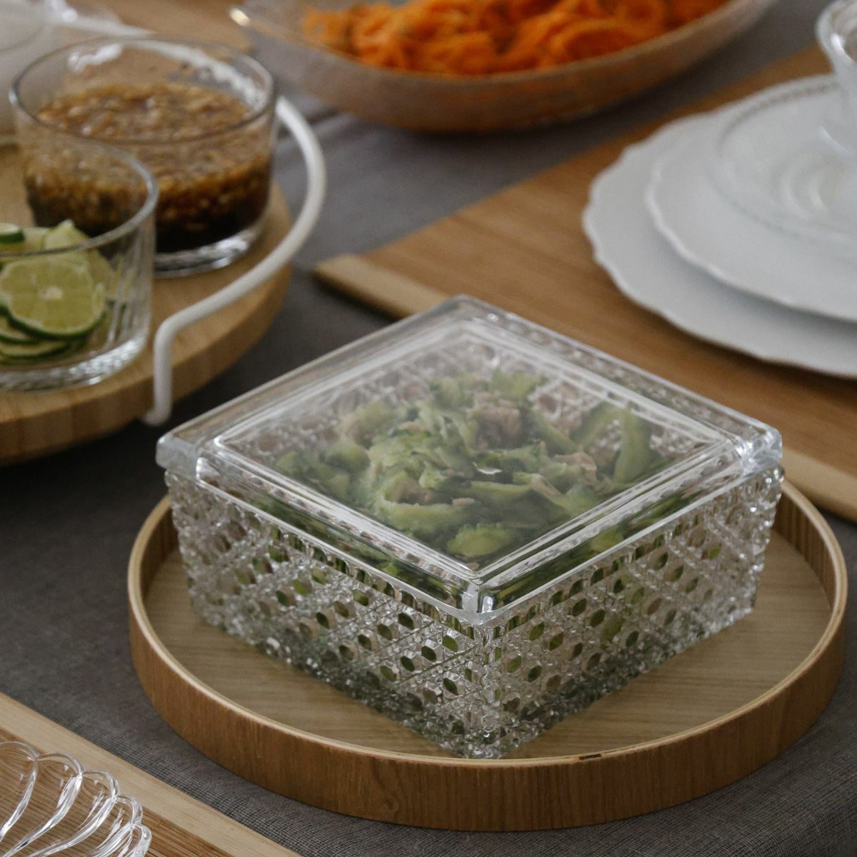 ガラス製　カット硝子　籠目向付お重箱