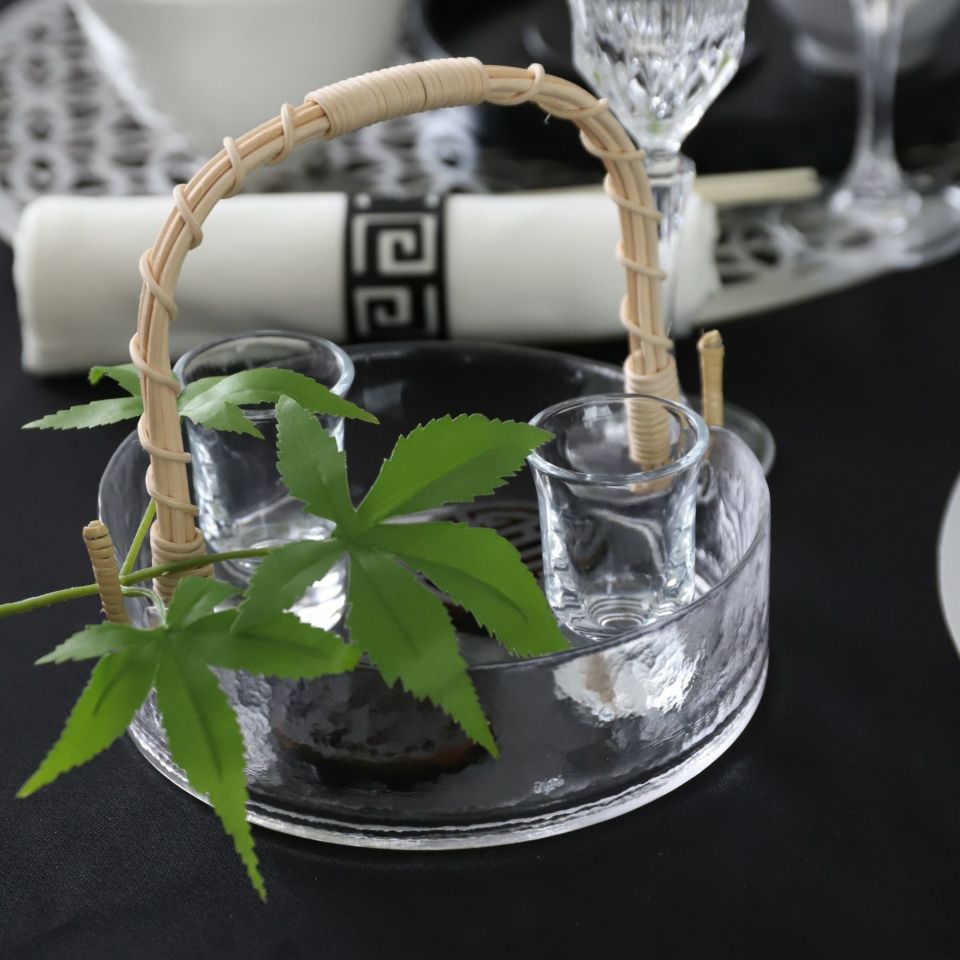 ガラス製　バンブー取っ手付きバスケットボウル　小