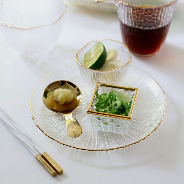 ガラス製　カット硝子　切子　四角小鉢　4.8cm　ゴールド・シルバー　