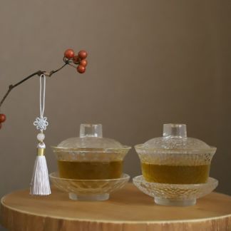 耐熱ガラス製 ソーサー付き蓋碗 茶器 モダンカットガラス｜M苦