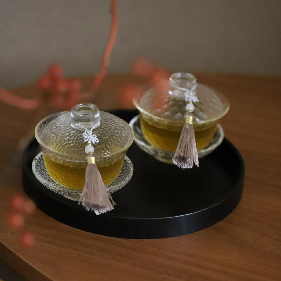 耐熱ガラス製　ソーサー付き蓋碗　茶器　モダンカットガラス