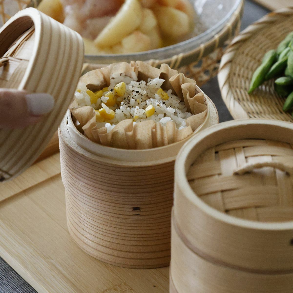 竹製　中華蒸篭セイロ　身・蓋セット10cm