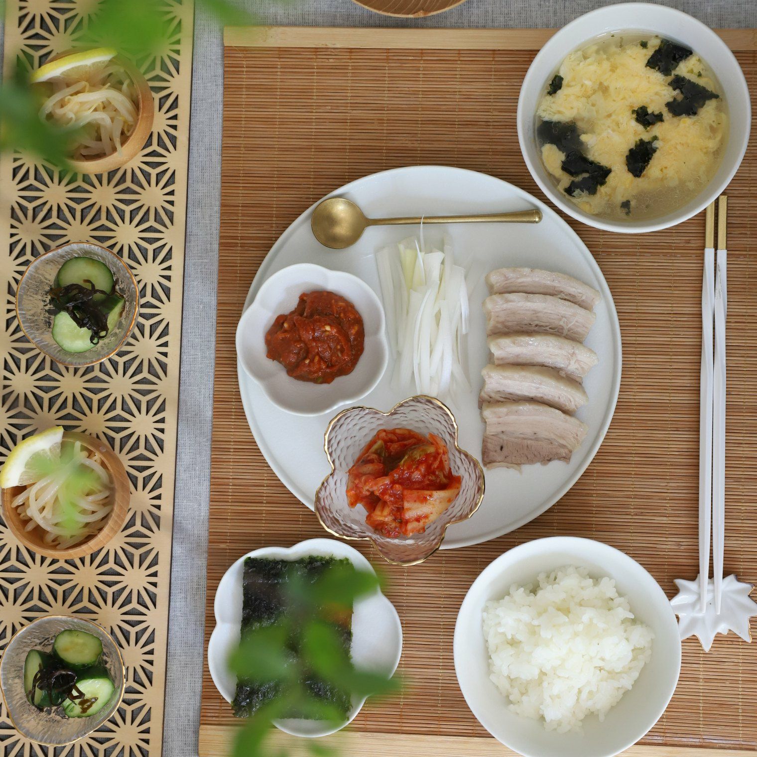 木製　麻の葉柄　長角ランナー折敷｜M苦楽園オリジナル｜