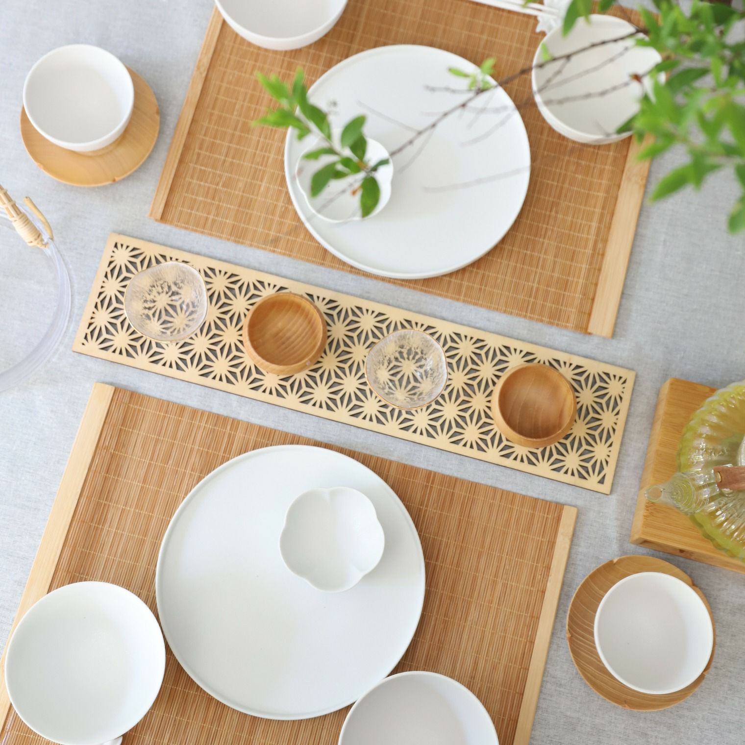 木製　麻の葉柄　長角ランナー折敷｜M苦楽園オリジナル｜