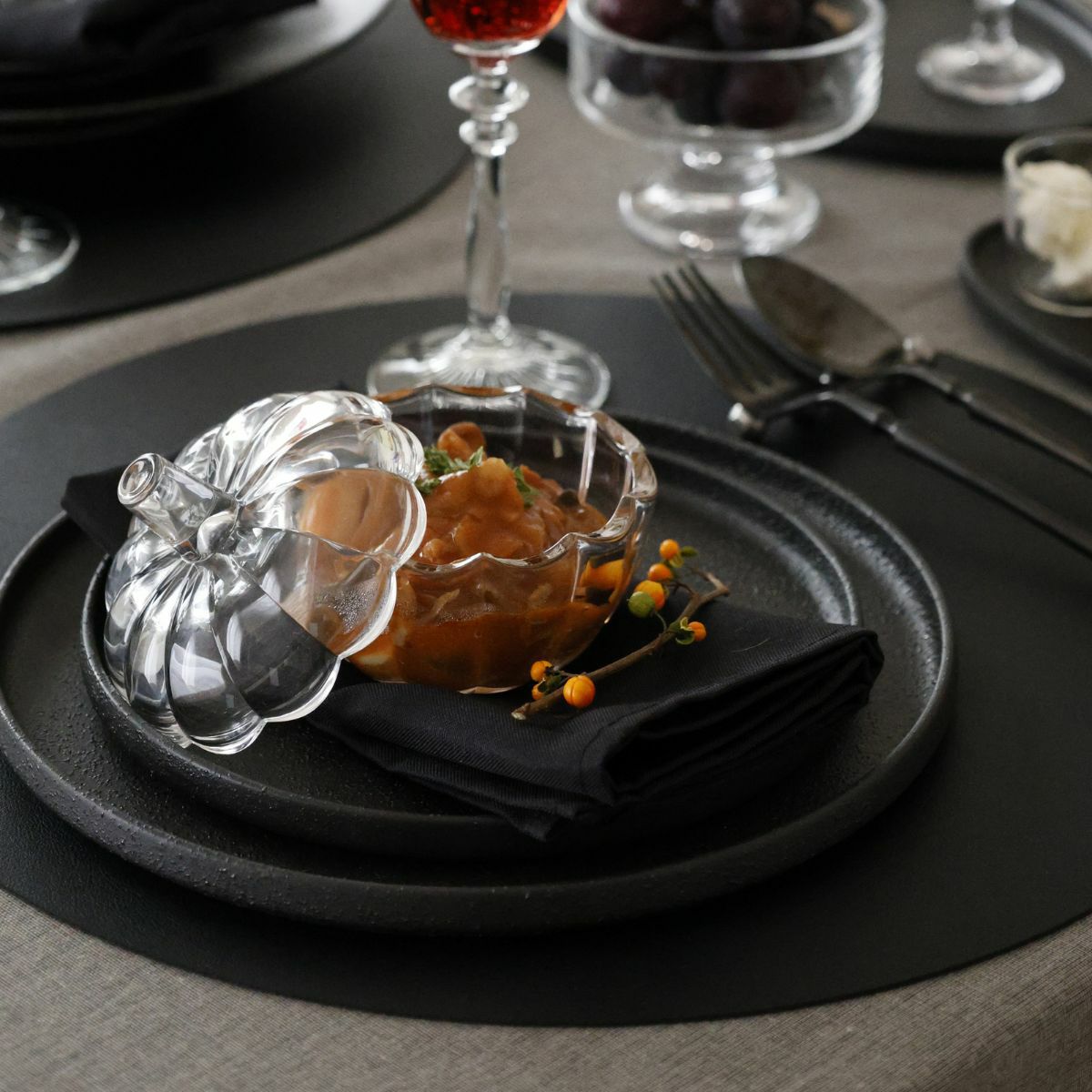 ガラス製　蓋つきパンプキンスープカップ