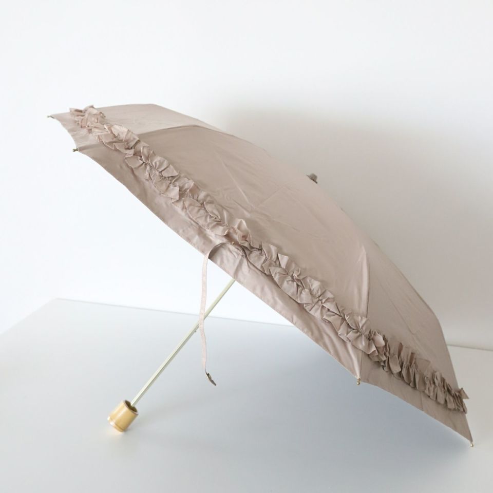 完全遮光　フリル折りたたみ傘　晴雨兼用　アイスグレージュ