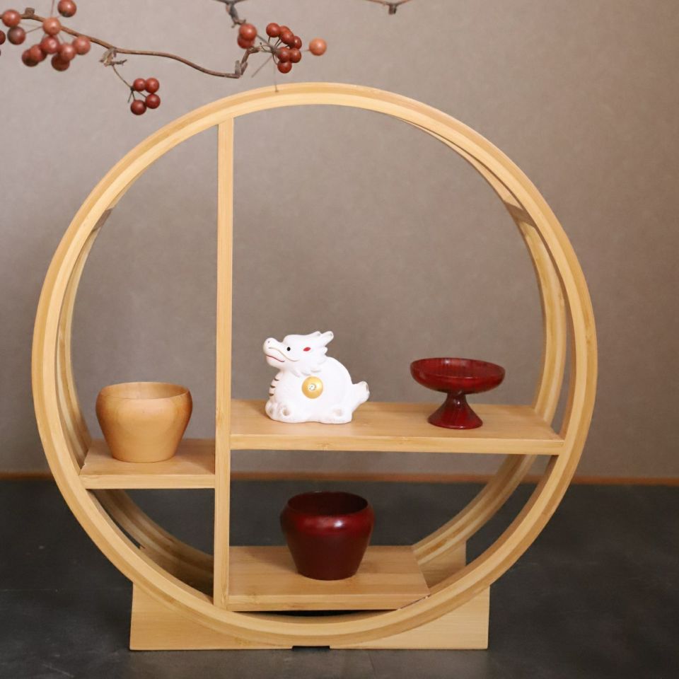 竹製　シノワズリ丸型　アフターヌーンティー　飾り棚