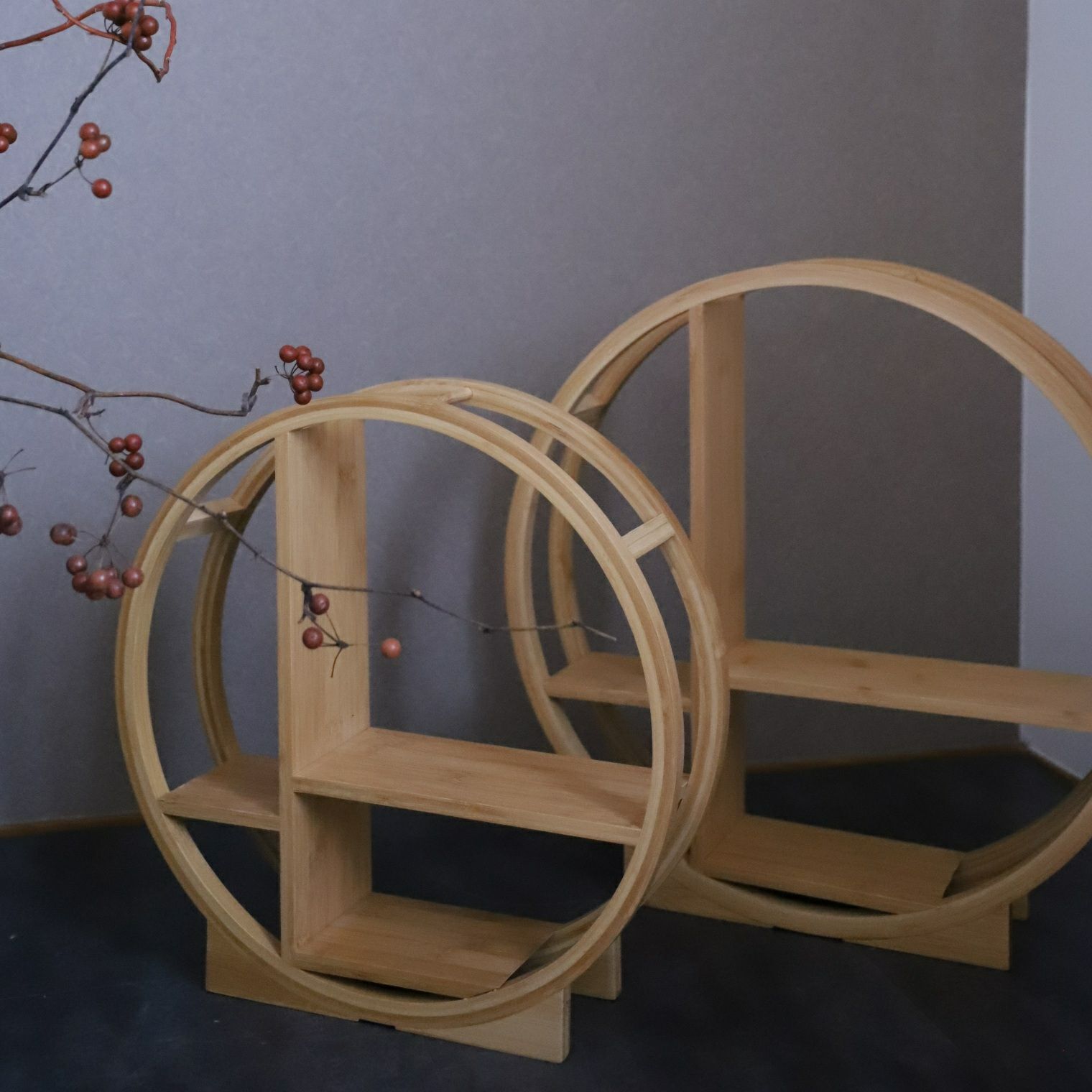 竹製　シノワズリ丸型　アフターヌーンティー　飾り棚