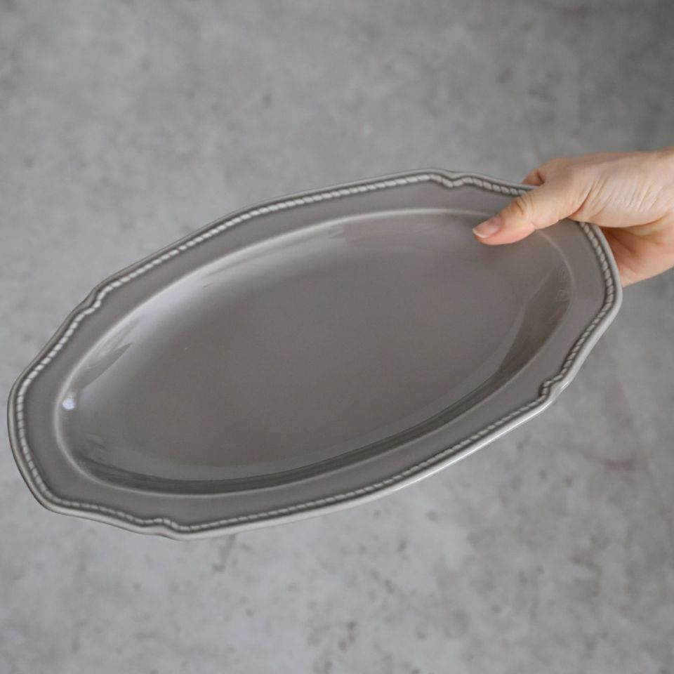 美濃焼　オーバルロングプレート皿　磁器　トレス　グレー