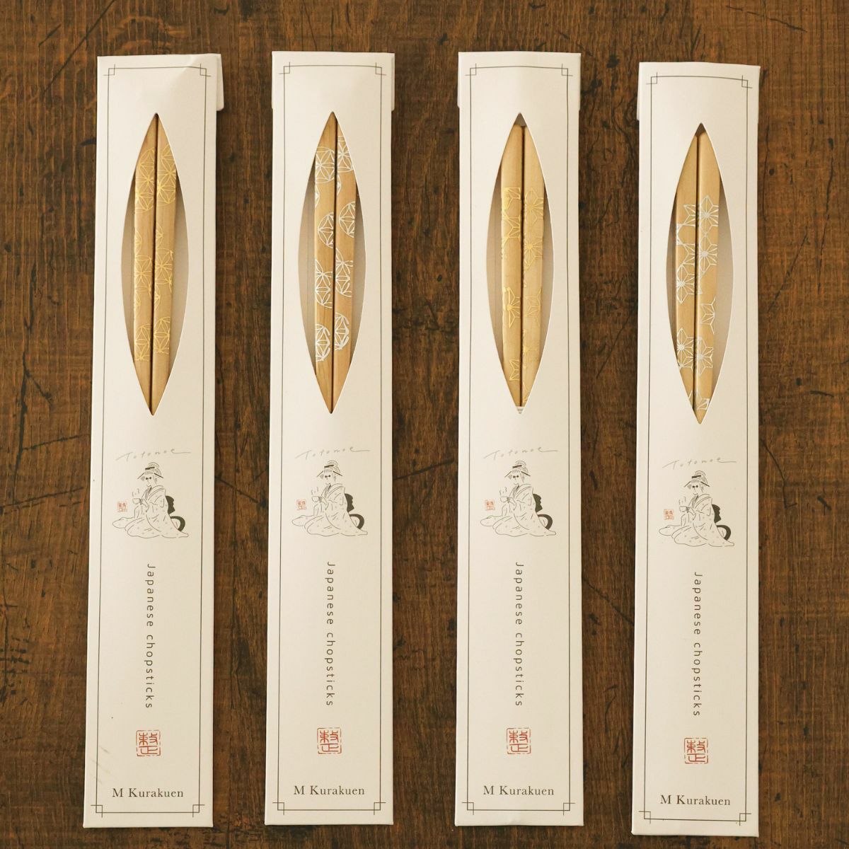 木製　麻の葉模様箸　ゴールドシルバー　丸華七宝