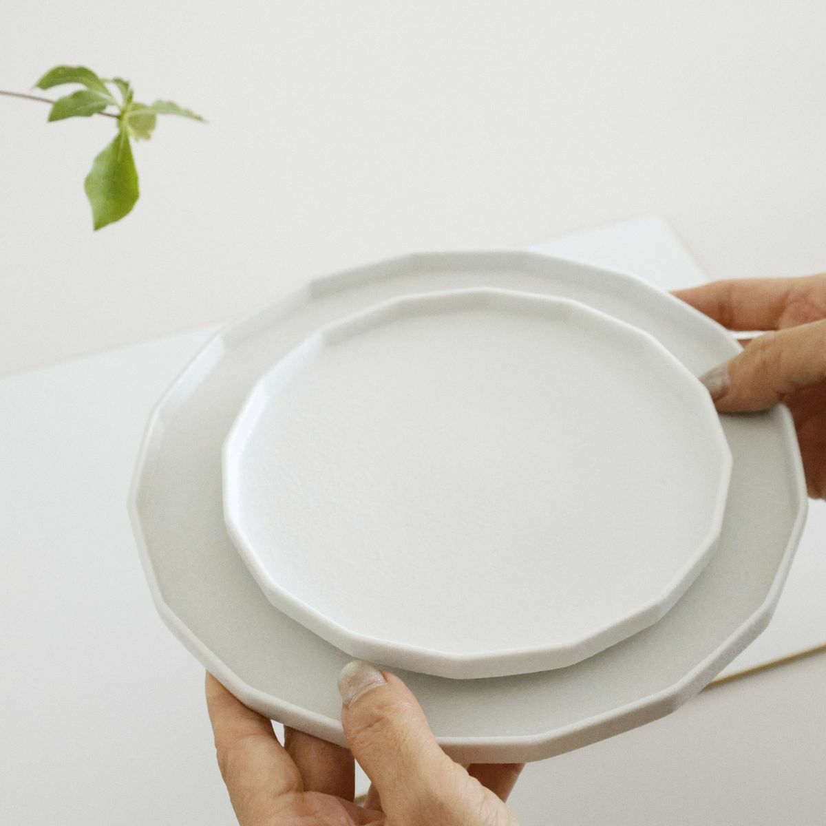 有田焼　白い十六角形　切立皿　磁器　スノー